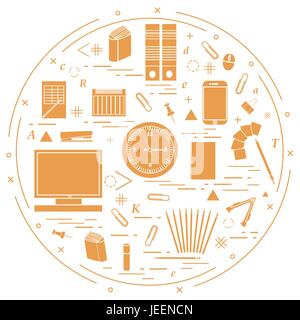 Ensemble d'objets du bureau différentes disposées en cercle. Y compris les icônes des trombones, des boutons, des crayons, de la colle, de surveiller, d'horloge et d'autres sur zone blanche Illustration de Vecteur