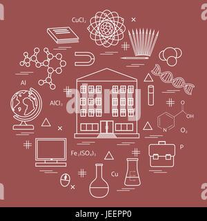 Vector illustration de divers éléments de l'enseignement scientifique, dans un cercle. Y compris les icônes de l'école, globe, crayon, aimant, fiole, molécule et d'autres Illustration de Vecteur