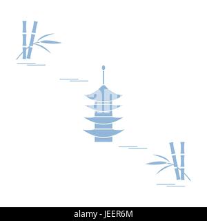 Icône stylisée de la pagode et de bambous. Voyages et loisirs. Pour la conception d'affiches, de bannières ou d'impression. Illustration de Vecteur