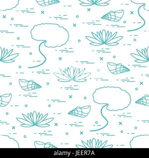 Motif transparent mignon avec des coquillages et des fleurs et des feuilles de lys. Conception pour poster ou imprimer. Illustration de Vecteur