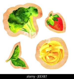 Jeu de découpes isolés de la nourriture végétalienne Aquarelle Dessins sur vieux papier. Feuilles de menthe, fraise, brocoli, choux et pâtes pappardelle nid, part Banque D'Images