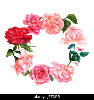 Couronne de fleurs avec aquarelle fleurs dessinés à la main, y compris les roses, les pivoines, les camélias, avec les papillons et les feuilles. Style Vintage art botanique, isolat Banque D'Images