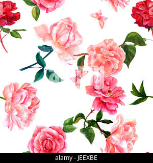 Un modèle sans couture avec aquarelles de fleurs roses rouges et roses, camélias, de pivoines et papillons, peinte sur un fond blanc dans Banque D'Images