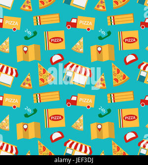 Illustration Modèle transparent avec des tranches de pizza et icônes colorées Service de livraison de pizza - Banque D'Images