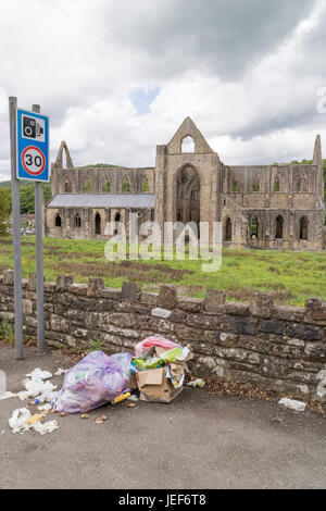 La litière et la signalisation routière à l'abbaye de Tintern dans la vallée de la Wye, Monmouthshire, Wales, UK Banque D'Images