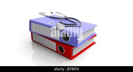 Concept des dossiers médicaux. Les reliures à anneaux et un stéthoscope isolé sur fond blanc. 3d illustration Banque D'Images