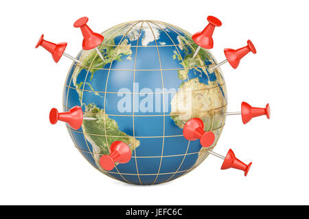Monde épinglé, des punaises sur globe, rendu 3D Banque D'Images