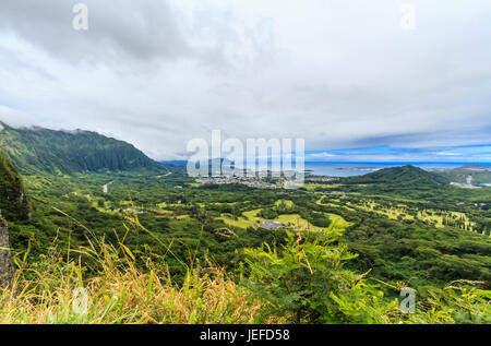 La vue depuis le Nuuanu Pali sur la côte au vent d'Oahu, Hawaii Banque D'Images