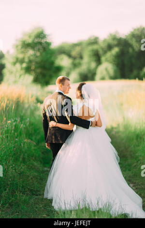 Le close-up vue arrière de l'étreindre newlyweds walking dans le domaine en vert. Banque D'Images