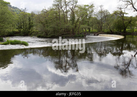 La ville de Llangollen, Wales. La vue pittoresque de Thomas Telford conçu Horseshoe Falls sur la rivière Dee. Banque D'Images