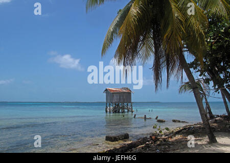Cabines sur pilotis sur la petite île de Tobacco Caye, Belize Banque D'Images