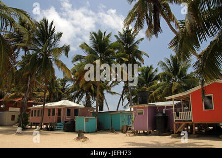 Cabines sur pilotis sur la petite île de Tobacco Caye, Belize Banque D'Images