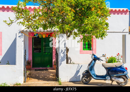 L'île d'Ibiza, ESPAGNE - 20 MAI 2017 : classic Vespa scooter gratuit sous citronnier et housein blanc traditionnel village Sant Carles de Peralta, Ibiza Banque D'Images