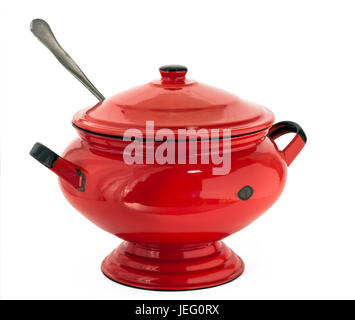L'émail antique rouge soupe soupière Banque D'Images