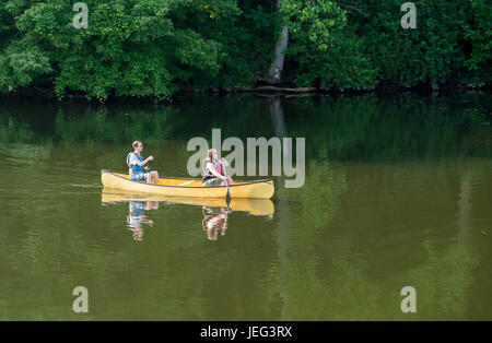 La pagaie dans Couple canoë jaune sur le lac bordé d'arbres Banque D'Images