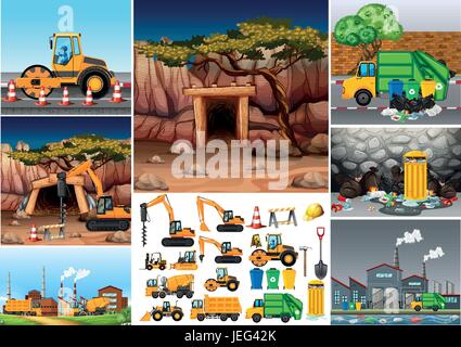 Tracteurs pelle travaillant dans différents sites illustration Illustration de Vecteur