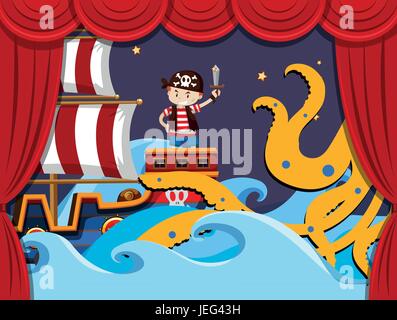 Jeu de scène avec les combats de pirates kraken illustration Illustration de Vecteur