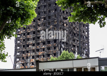 Londres, Royaume-Uni. Jun 24, 2017. Tour de Grenfell, dans l'ouest de Londres après un incendie qui a ravagé tous les édifices et laissé des dizaines d'habitants morts. Credit : Dominika Zarzycka/Alamy Live News Banque D'Images