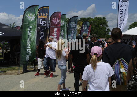 Flint, Michigan, USA. 24 Juin, 2017. Midwest 2017 Cannabis Cup participants profitant du temps magnifique, tout en vérifiant les centaines de fournisseurs. Crédit, Jeffrey Wickett/Alamy Live News. Banque D'Images