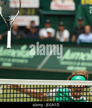 Halle, Allemagne. 25 Juin, 2017. L'Allemagne Alexander Zverev s'enfonce dans le filet pendant l'ATP tennis tournoi masculin match final contre le suisse Roger Federer à Halle, en Allemagne, le 25 juin 2017. Photo : Friso Gentsch/dpa/Alamy Live News Banque D'Images