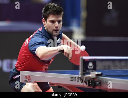 Chengdu, province chinoise du Sichuan. 25 Juin, 2017. Dimitrij Ovtcharov de l'Allemagne renvoie la balle pendant la finale du tournoi contre son compatriote Timo Boll à l'Open de Chine ITTF Table Tennis Tournament à Chengdu, capitale du sud-ouest de la province chinoise du Sichuan, le 25 juin 2017. Credit : Liu Kun/Xinhua/Alamy Live News Banque D'Images