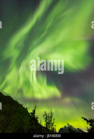 Aurora Borealis vert vif au cours de la danse, des montagnes Kenai Moose Pass, péninsule de Kenai, le centre-sud de l'Alaska ; Alaska, États-Unis d'Amérique Banque D'Images