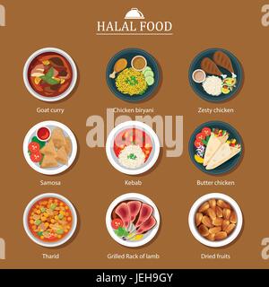 Ensemble d'alimentation halal modèle plat Illustration de Vecteur