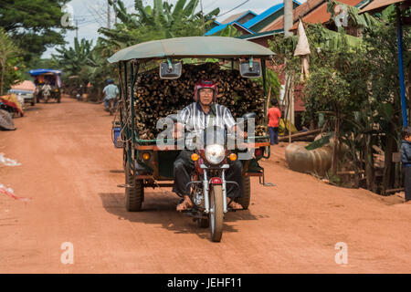 Un homme d'une moto en tirant une charrette de bois coupé ; la province de Siem Reap, Cambodge Banque D'Images