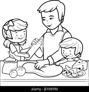 Le père et les enfants pizza cuisson dans la cuisine. Coloriage Illustration de Vecteur