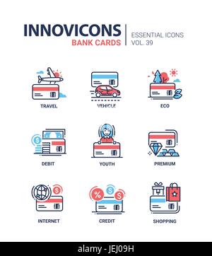 Cartes bancaires - vecteur moderne design ligne icons set. Voyages, véhicules, voiture, transport, écologiques, de débit, de la jeunesse, de crédit, premium, internet, football, Illustration de Vecteur