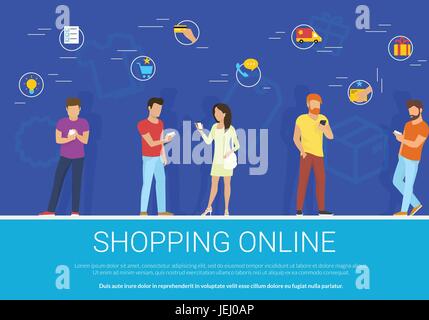 Achats en ligne concept vector illustration de groupe de personnes à l'aide de mobile smartphone pour l'achat de biens Illustration de Vecteur