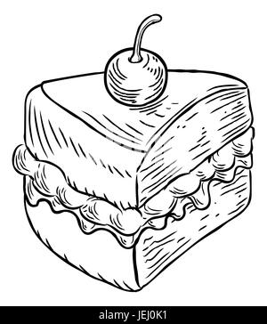 Un bourrage et crème gâteau éponge Victoria coupe avec cherry, dessiner à la main dans un style rétro vintage style gravé ou gravé sur bois. Banque D'Images