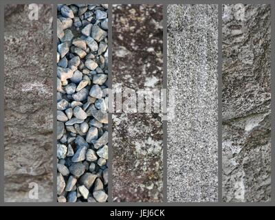 Photo collage en gris cinq différents types de pierres et rochers, photo collage de photos de fond gris, photo collage de pierres, de béton gris Banque D'Images