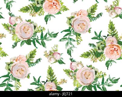 Motif transparent vecteur : bouquets de jardin blanc rose vert rose fleurs cactus succulentes plantes saisonnières design élégant pour aquarelle fleurs illust Illustration de Vecteur