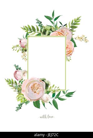 Vector floral design carte verticale. Soft rose pêche jardin anglais rose, fougère vert eucalyptus branches, feuilles de saison mix. Accueil délicat invita Illustration de Vecteur