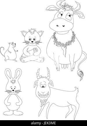 Cartoon Set animaux : vache, chat avec souris, saucisse, chèvre, lapin. Contour noir sur fond blanc. Vector illustration Illustration de Vecteur