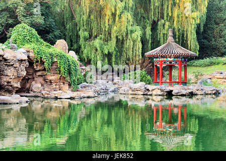 Pavillon orné miroir dans un lac du parc Ritan historique ce qui signifie '' Parc du Soleil, Beijing, Chine Banque D'Images