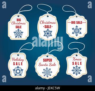 Vente de Noël tags isolé sur fond bleu. Vector blanc noël offre spéciale insignes Illustration de Vecteur