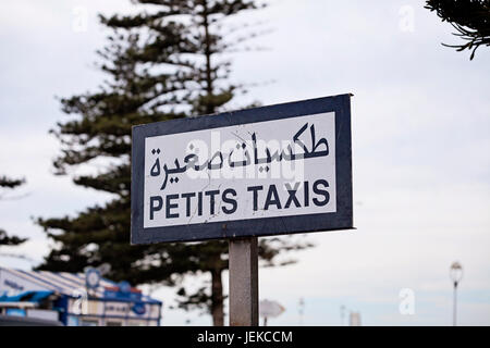 Petits Taxis sign in english / français et arabe, Essaoura, Maroc. Banque D'Images