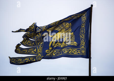 Brandissant le drapeau bleu de la région italienne de la Vénétie avec fond blanc. Banque D'Images