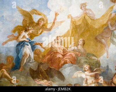 Détail du plafond dans le salon d'Hercule : plafond du Salon d'Hercule décorées à l'apothéose d'Hercule peinture, 1733-1736 (plafond) par François Le Moyne Banque D'Images