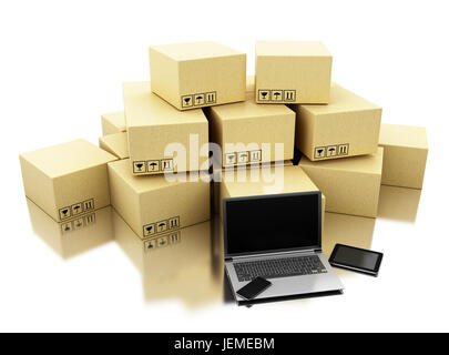 3d illustration. Boîtes de carton et de technologie. E-commerce, les achats en ligne et de l'expédition d'un concept. Isolé sur fond blanc Banque D'Images