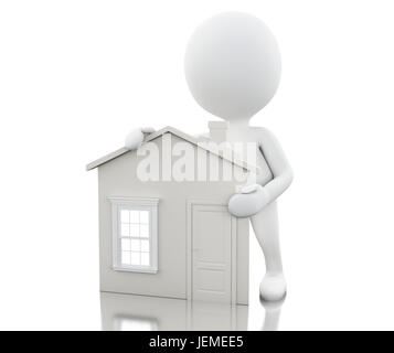 3d illustration. Les blancs se tenait à côté de la nouvelle maison. Propriétaire et le concept de l'immobilier. Isolé sur fond blanc Banque D'Images