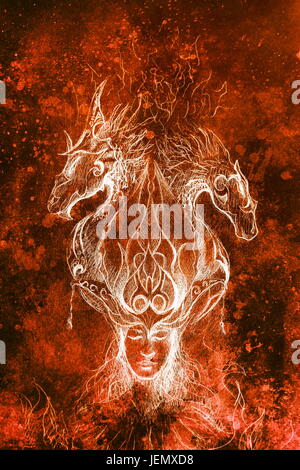 Homme de feu mystique et ornementales des dragons, des croquis au crayon sur papier. Banque D'Images