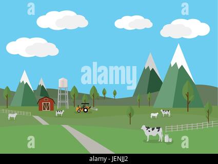 Paysage rural avec des vaches et la ferme de style plat vector illustration. Illustration de Vecteur