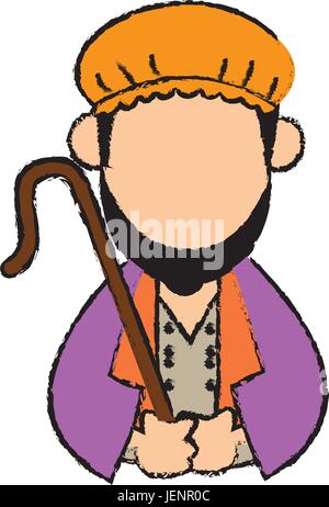 Cartoon shepherd holding stick avec une tunique et turban Illustration de Vecteur