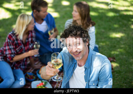 Les amis faire un pique-nique avec vin Banque D'Images