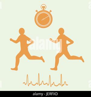 Icône stylisée des deux coureurs avec un chronomètre et du rythme cardiaque sur un fond blanc Illustration de Vecteur