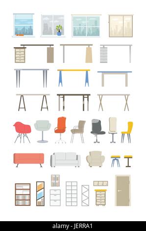 Office Essentials - vecteur de couleur moderne télévision icons set. Grande variété d'un bureau, chaise, fenêtre, vue sur la ville, canapé, rideaux, canapé, fauteuil, porte, tiroir, Illustration de Vecteur