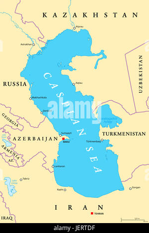 Carte politique de la région de la mer Caspienne avec la plupart des villes importantes, des frontières, des rivières et des lacs. Plan d'eau, bassin, et plus grand lac sur la terre. Banque D'Images